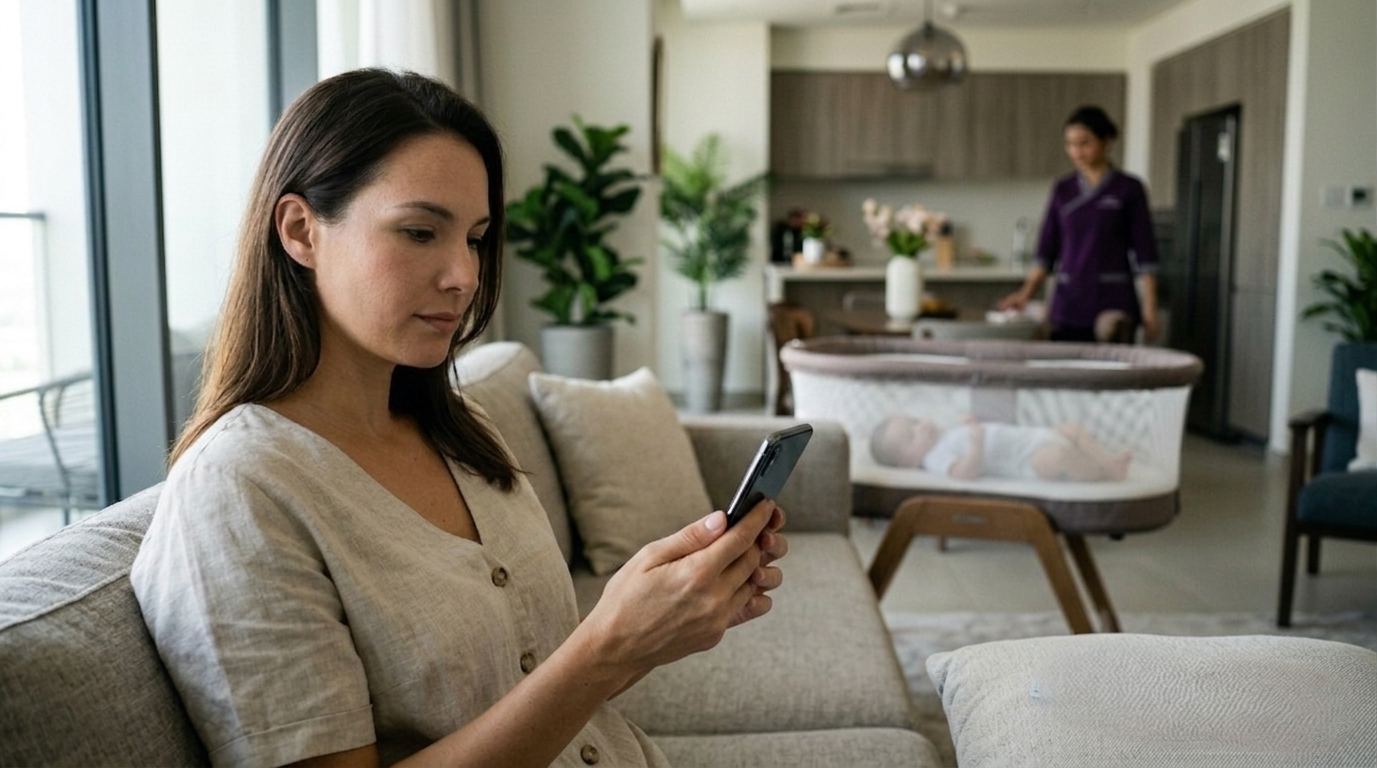 Nanny in Dubai supervising a sleeping baby as a mother relaxes on the couch using her phone.