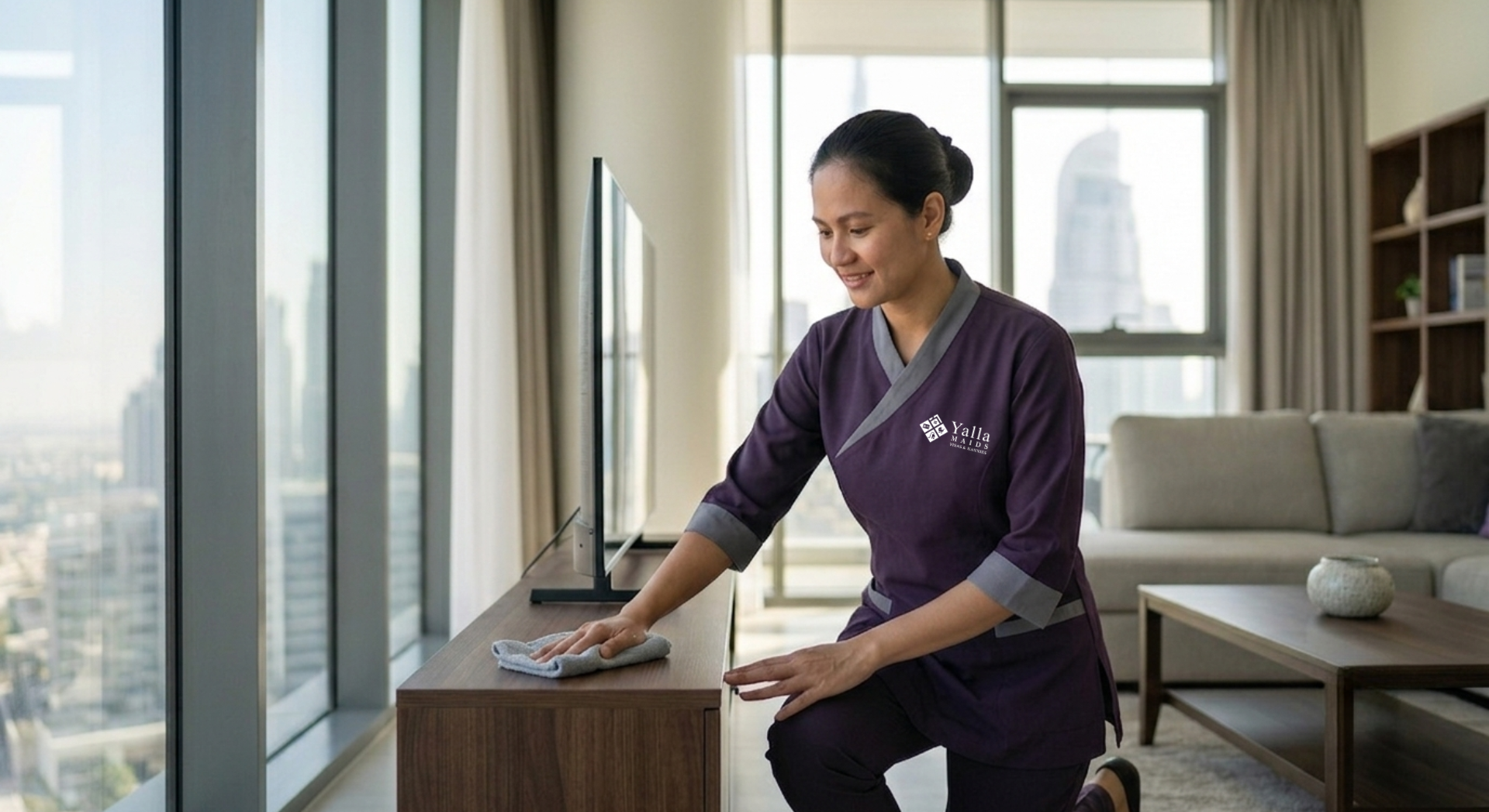 Maid visa Dubai renewal with a professional maid cleaning a living room in Dubai.