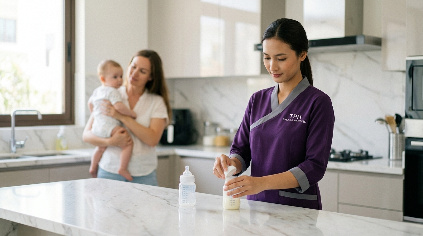 Nanny visa in Dubai caregiver preparing baby bottle while mother holds infant in kitchen