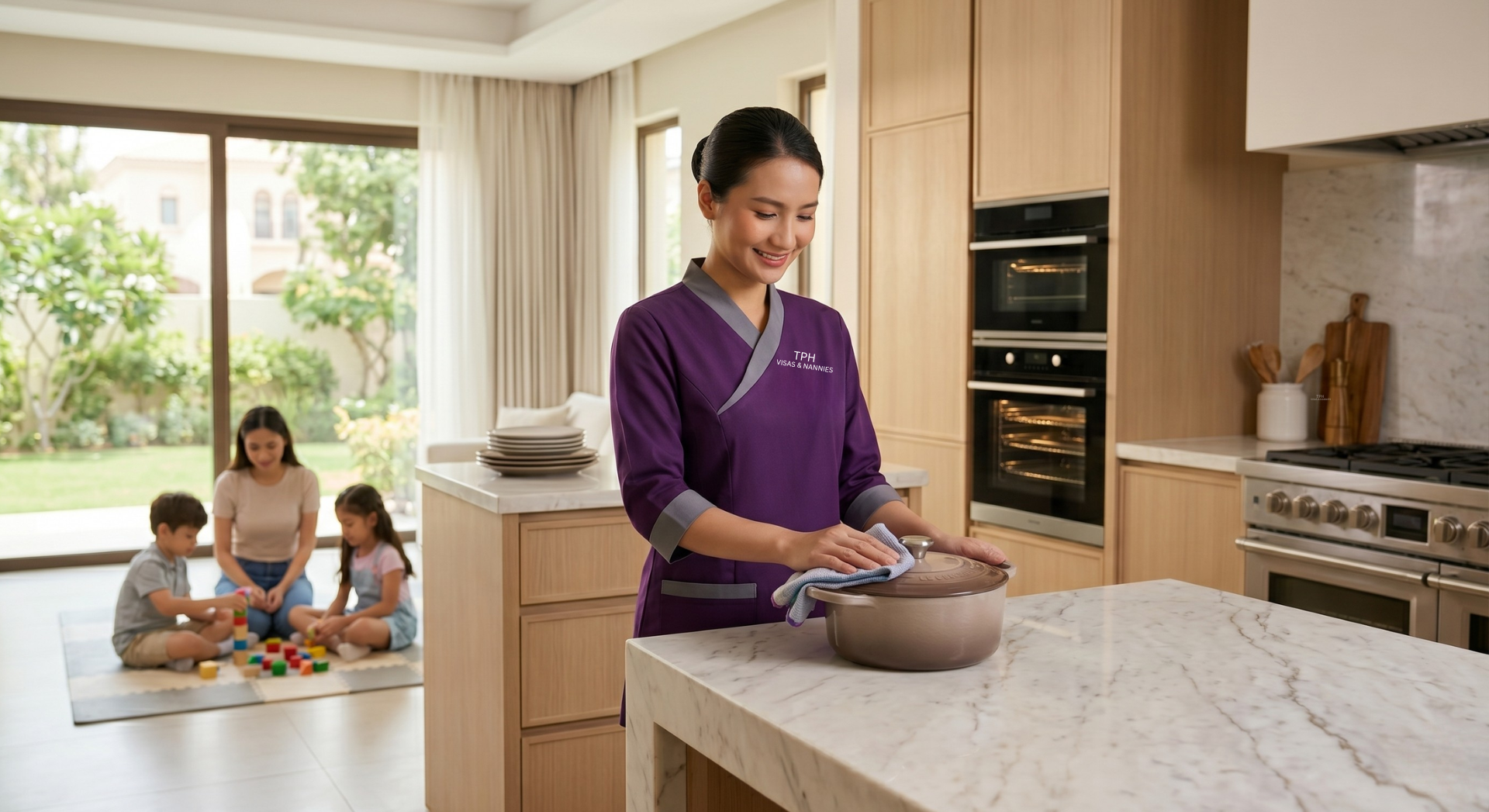 Live-in maid in Dubai preparing meals in a modern family kitchen while children play in the background.
