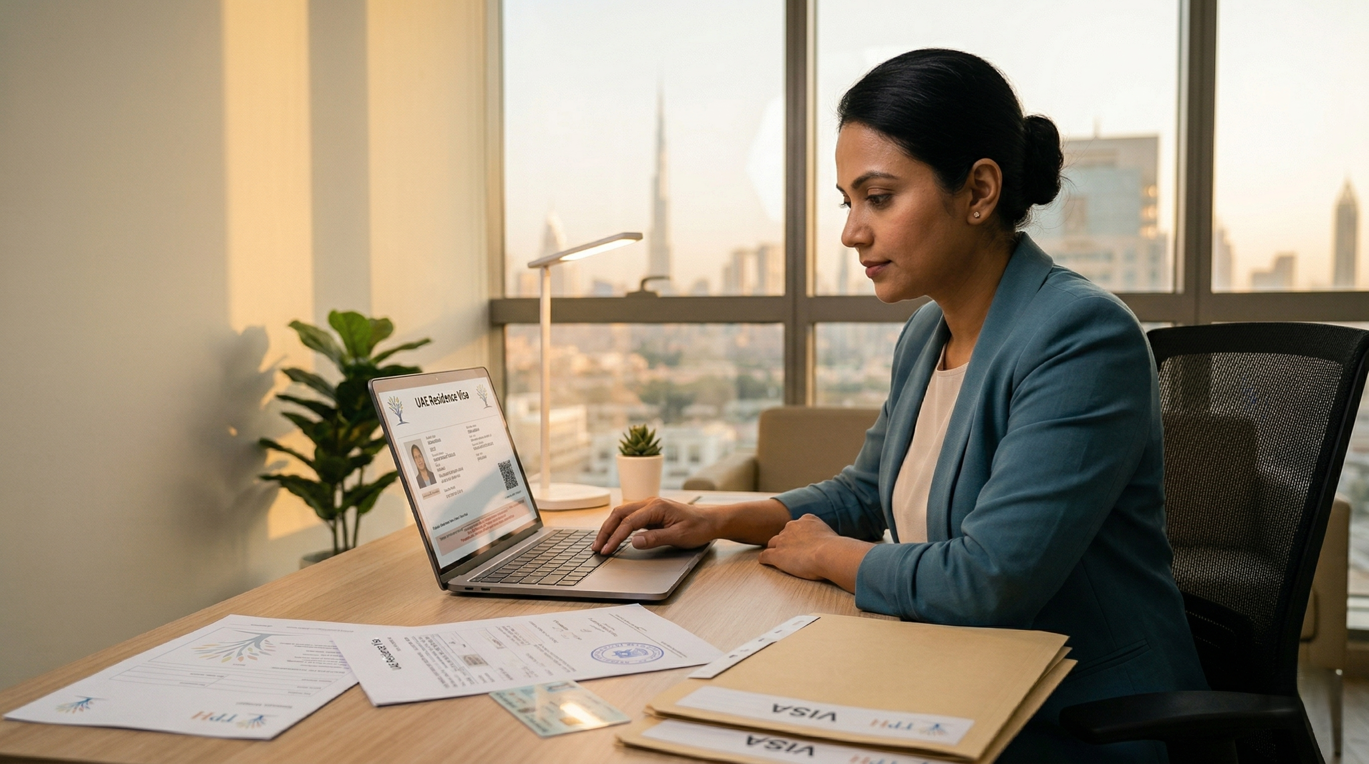 Woman reviewing documents and typing on a laptop for maid visa processing after sponsor change in Dubai office setting